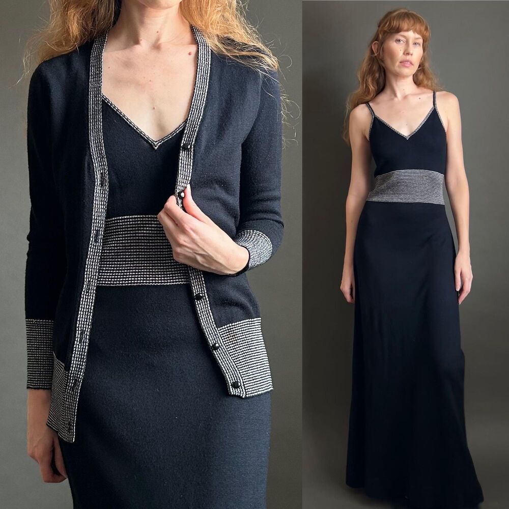 Vintage 1970s Aristo Kat Sweater Dress Set,  Knit Maxi Dress + Cardigan, Small